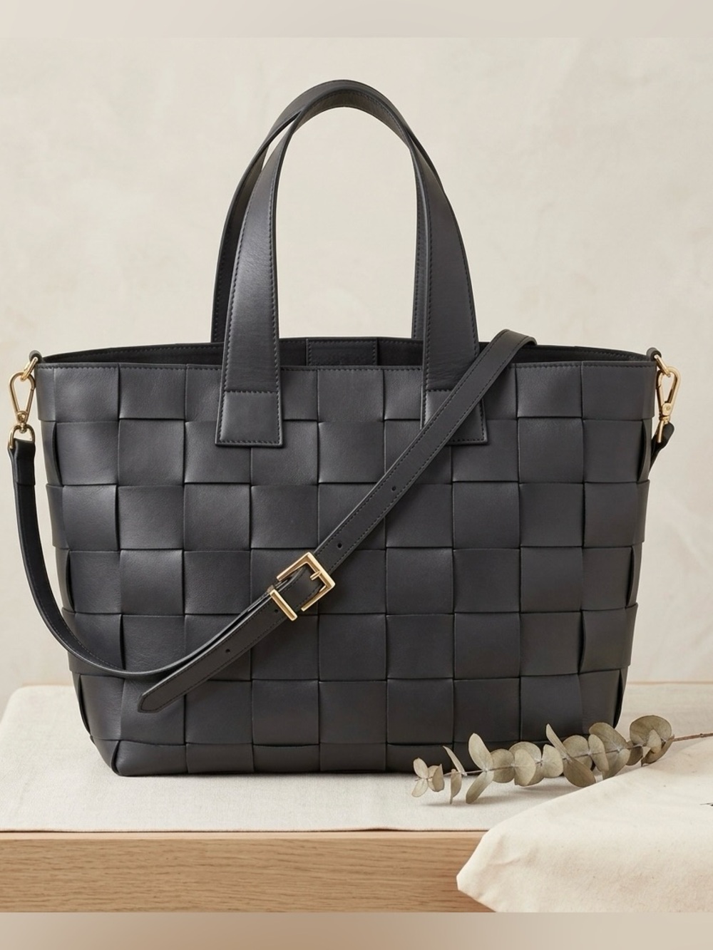 Anna Paola Italian leather woven black strap gold laptop travel tote bag duffle